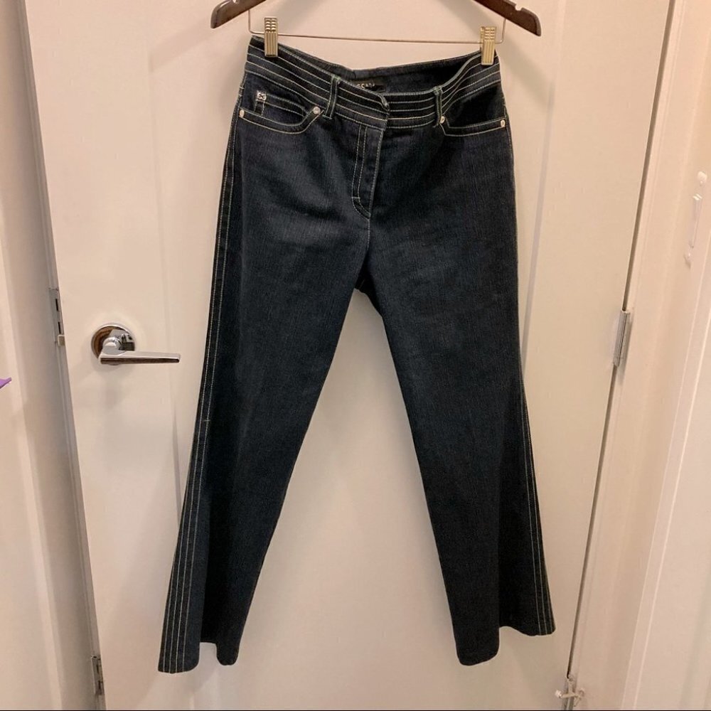 ESCADA Sz 30 Jeans Straight Leg Dark Wash w/ Green Yellow Decorative Stitching